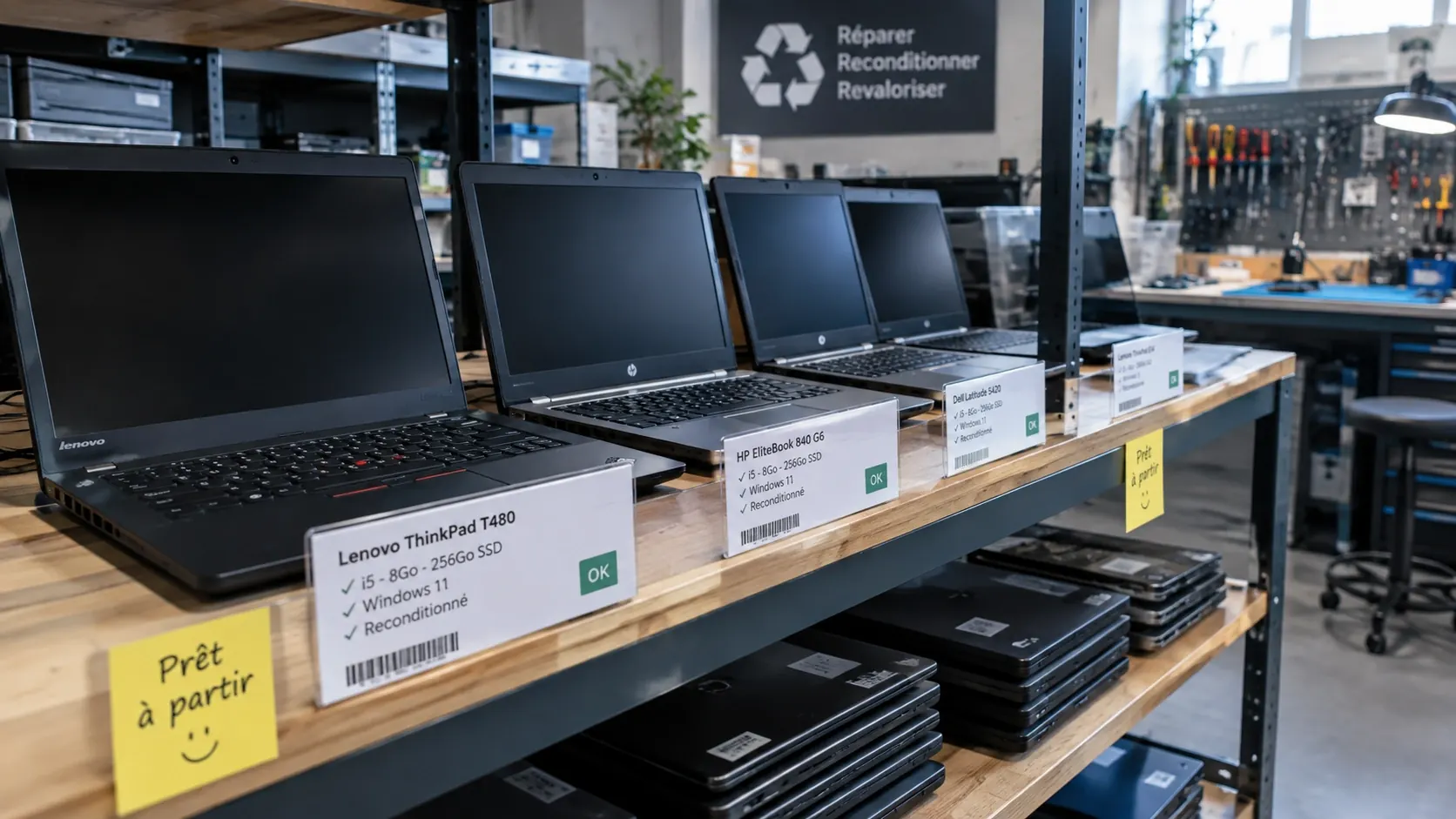 Des ordinateurs portables reconditionnés alignés sur une étagère d'atelier, chacun accompagné d'une fiche indiquant son modèle et ses caractéristiques.