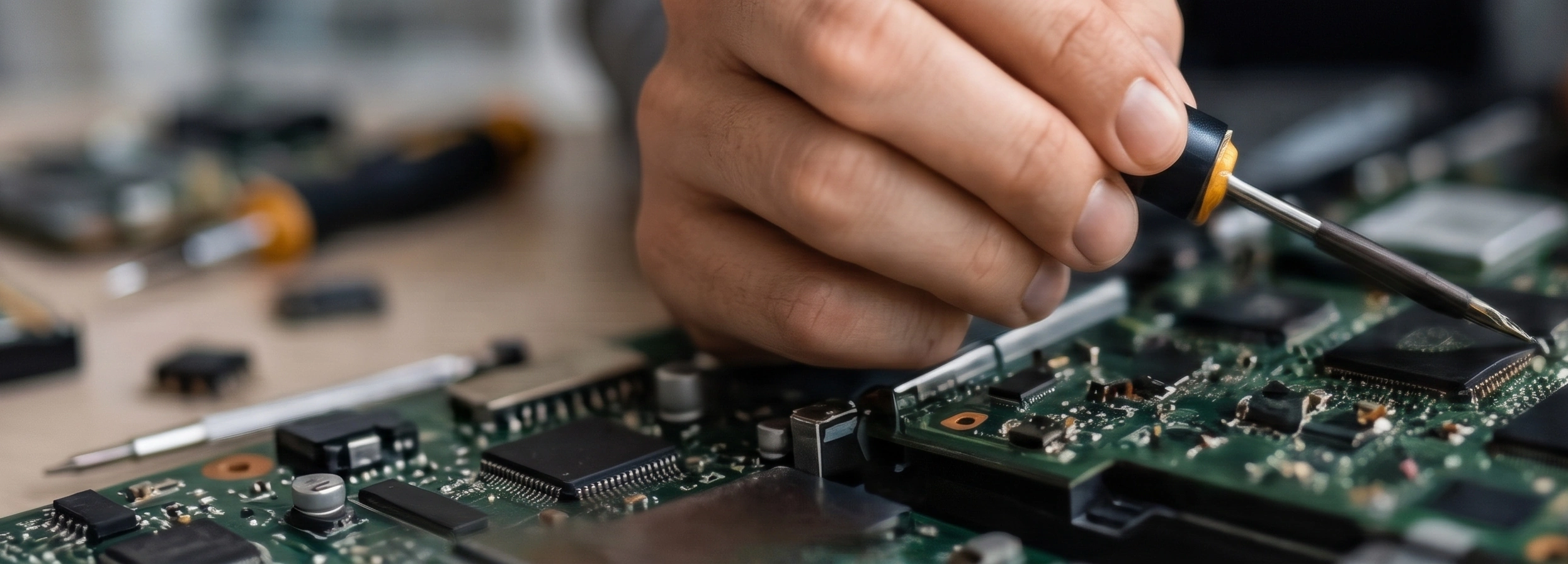 Une main soudant un composant sur une carte électronique, fer à souder en main.